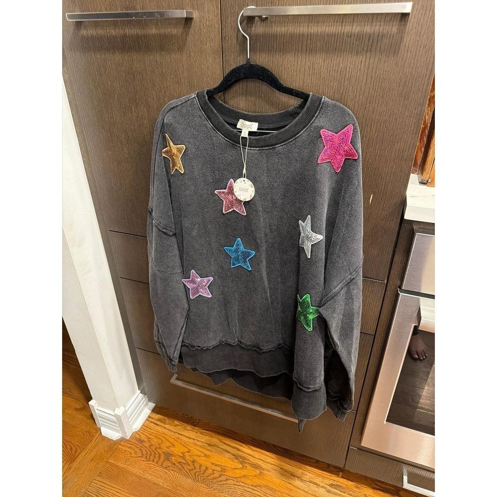 Oddi Sequin Stars Washed Black Sweatshirt 3XL nwt